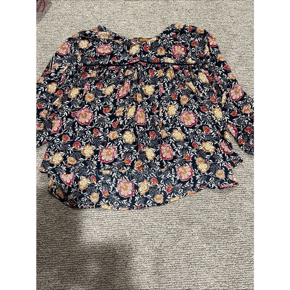 Knox Rose Navy Floral Peasant Blouse with Pink and Mustard Flowers